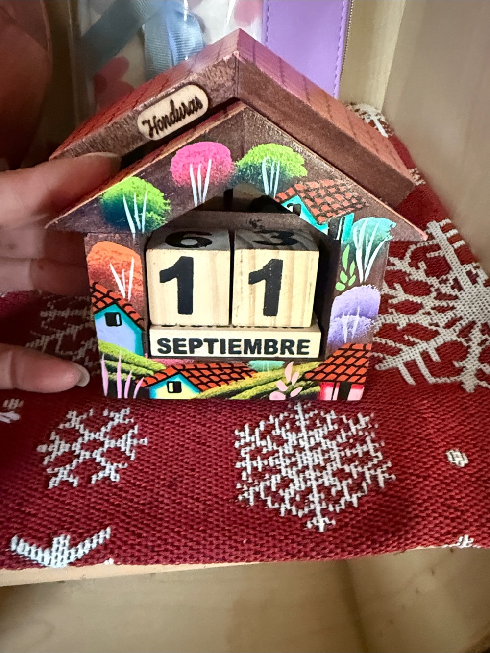 Hand-Painted Wooden Perpetual Calendar - Colorful Village Design